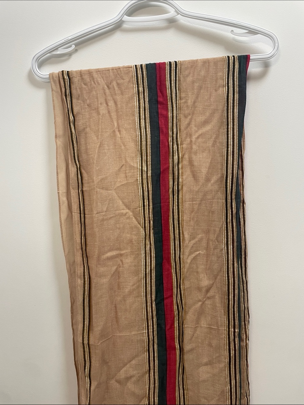 Vela Heirloom Stripe Lightweight Scarf in Tan with Red & Dark Green Stripes